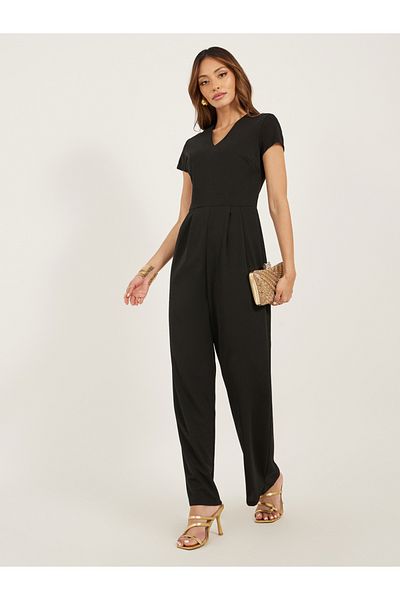Styli Solid V Neck Pleated Wide Leg Jumpsuit