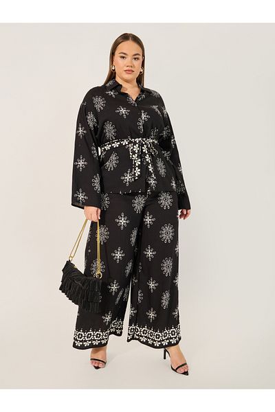 Styli Plus Size Printed Oversized Shirt and Wide Leg Trousers Co-Ords