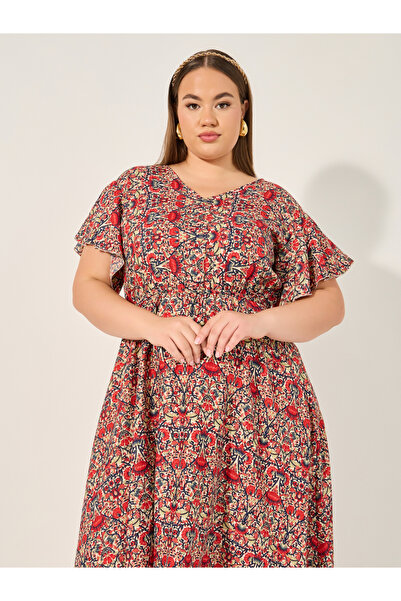 Styli Plus Size All Over Printed V Neck A-Line Midi Dress