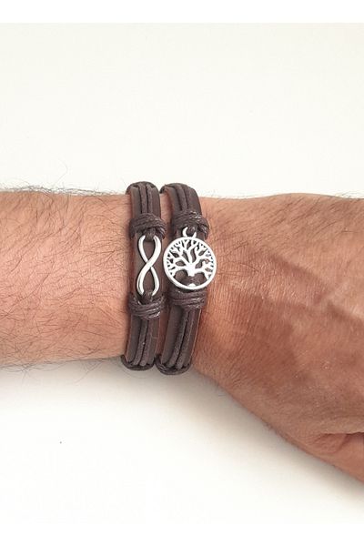 AB Takı Set of 2 Fashionable Genuine Leather Bracelets with Infinity and Tree of Life Figures