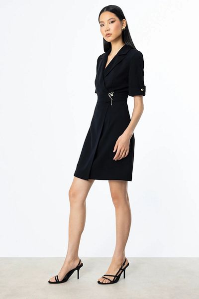 Ekol Midi Length Dress with Metal Accessories on the Waist-5136