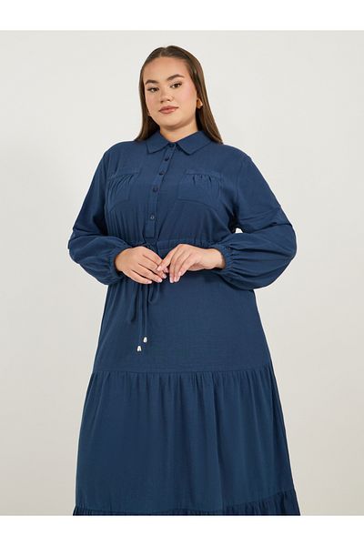 Styli Plus Size Pocket Detail Collared Tiered Maxi Dress with Drawstring