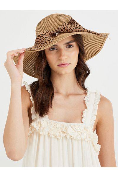 Styli Animal Print Ribbon Detail Straw Panama Hat