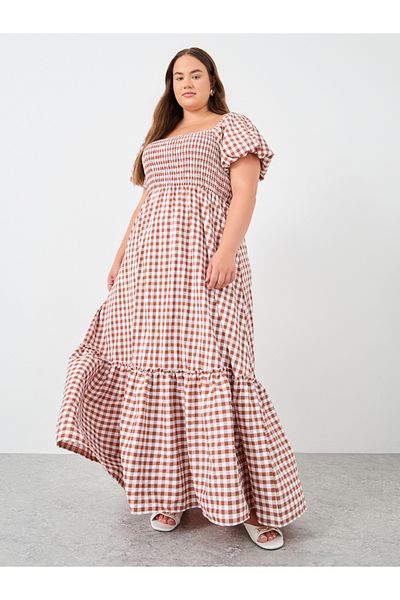 Styli Plus Size Gingham Print Puff Sleeve Maxi Dress