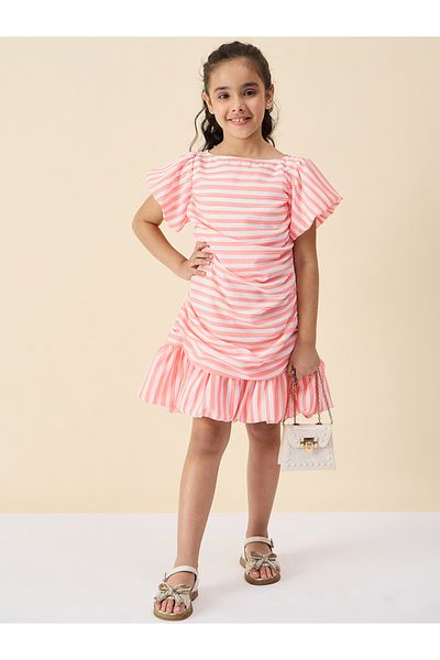 Stylo Bug By Styli Striped Boat Neck A-Line Dress with Ruched Detail
