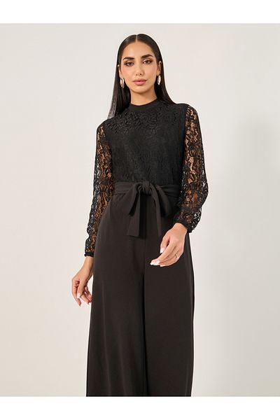 Styli Lace Insert Wide Leg Jumpsuit with Waist Tie-Up Detail