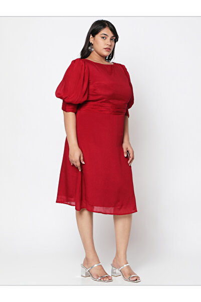 Mish By Styli Solid Bishop Sleeve A-Line Dress with Pleated Waist Detail