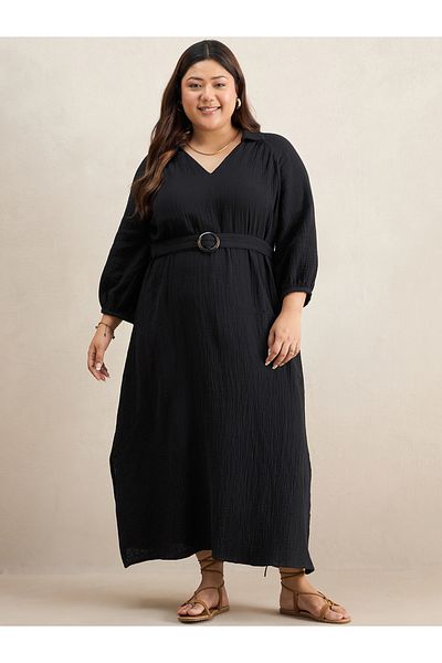 Femmella By Styli Texture Cotton Collared Maxi Dress with Belt