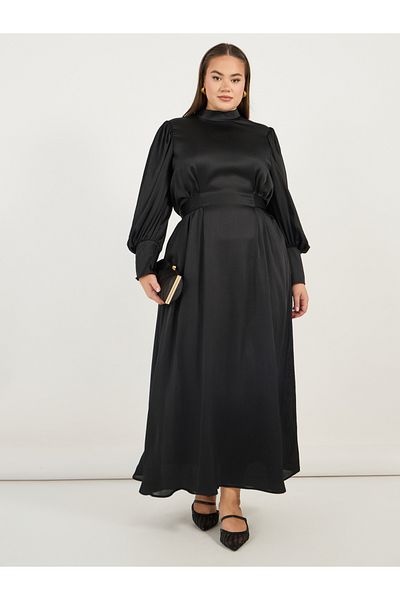 Styli Plus Size Satin Look Long Sleeves A-Line Maxi Dress with Pleated Detail