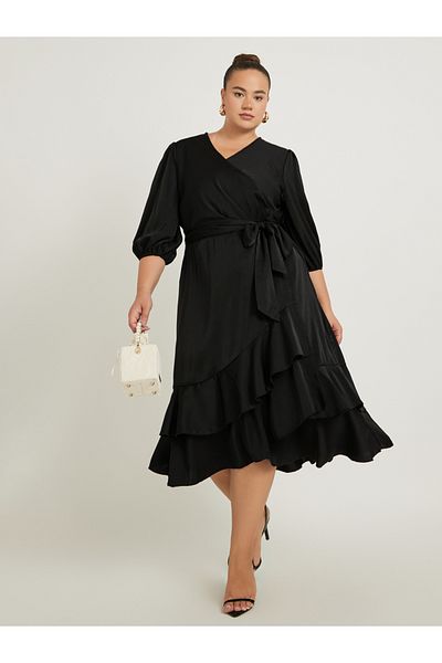 Styli Plus Size Balloon Sleeve Wrap Midi Dress