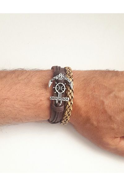 AB Takı Set of 2 Fashionable Genuine Leather Bracelets with Sailor Anchor Figures