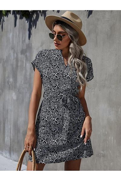 Kotty By Styli Floral Print Mini Dress with Self-Tie Belt