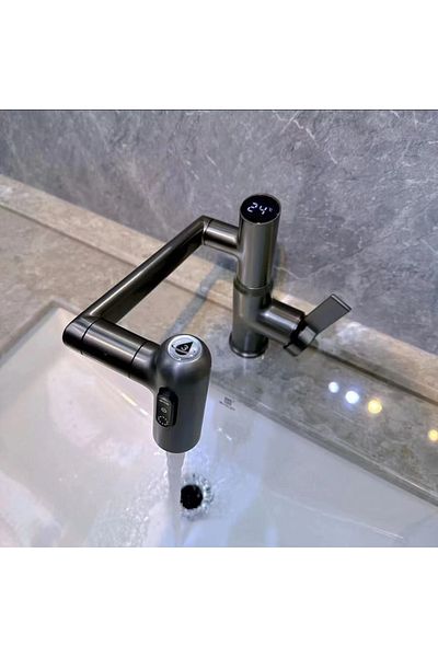 INNOVIX Baterie lavoar, cioc rotativ, cartuș ceramic, afișaj digital al temperaturii, gri mat