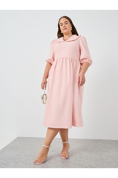 Styli Plus Size Peter Pan Balloon Sleeve Midi Dress