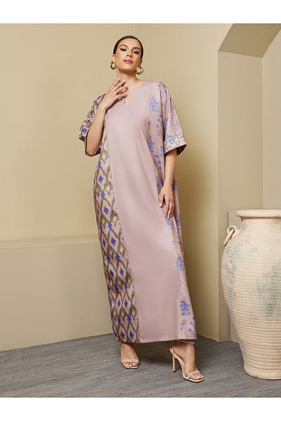 Styli Printed Panel A-Line Notch Neck Jalabiya