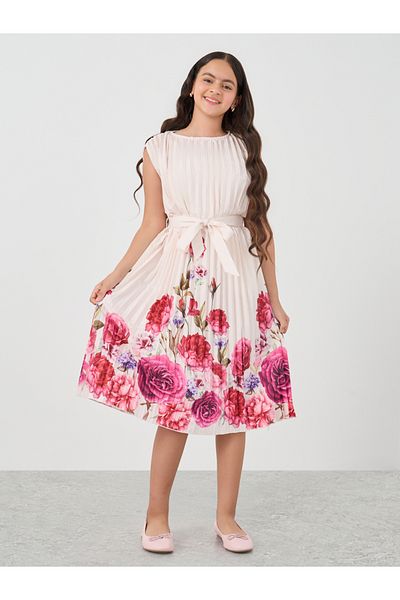 Styli Girls Floral Placement Print Pleated Dress with Belted Waist