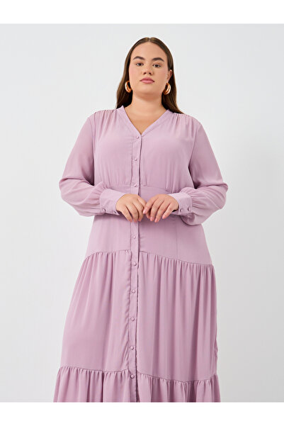 Styli Plus Size Solid Balloon Sleeves Shirt Maxi Dress