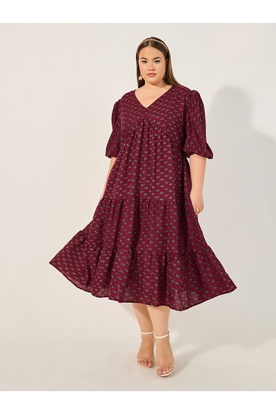 Styli Plus Size Floral Print V Neck Tiered Midi Dress