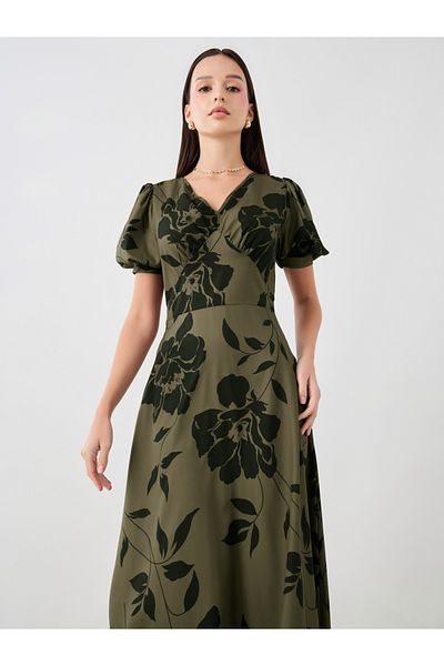 Styli Graphic Print V-Neck Puff Sleeve Midi Dress