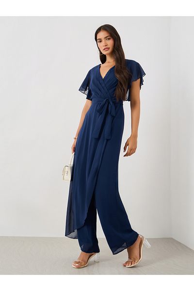 Styli Ruffled Sleeve V-Neck Wide Leg Jumpsuit