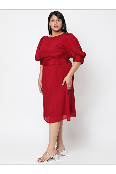 Mish By Styli Solid Bishop Sleeve A-Line Dress with Pleated Waist Detail
