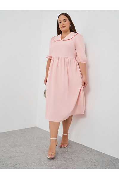 Styli Plus Size Peter Pan Balloon Sleeve Midi Dress