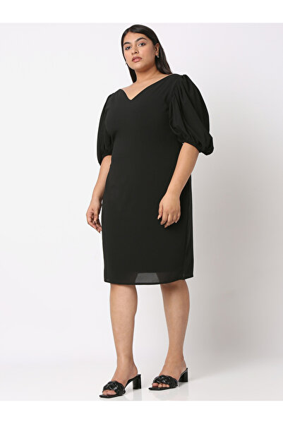 Mish By Styli Solid Wide V Neck Puff Sleeve Dress