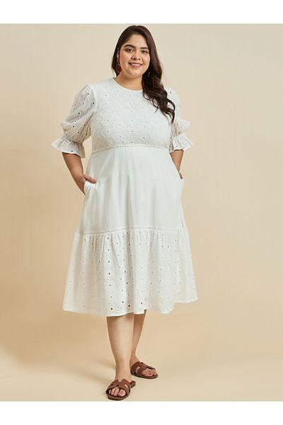 Femmella By Styli Texture Cotton Schiffli Tiered Midi Dress