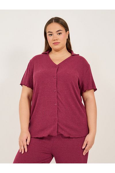Styli Plus Size Rib Knit V-Neck T-Shirt and Pyjama Set