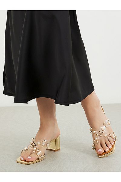 Styli Embellished Pearl Block Heel Sandals