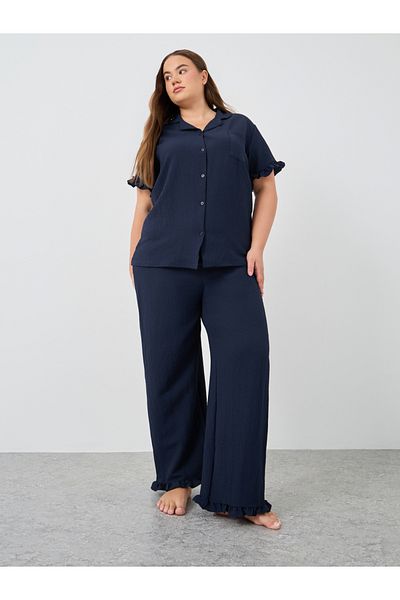 Styli Plus Size Textured Short Sleeve Shirt and Pyjama Set