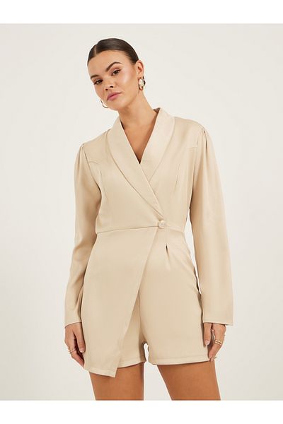 Styli Asymmetrical Wrap Shawl Collar Tailored Romper
