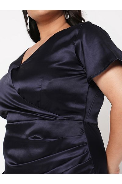 Mish By Styli Solid Satin Wrap V-Neck Dress with Pleated Detail