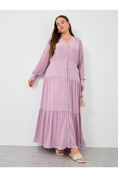 Styli Plus Size Solid Balloon Sleeves Shirt Maxi Dress