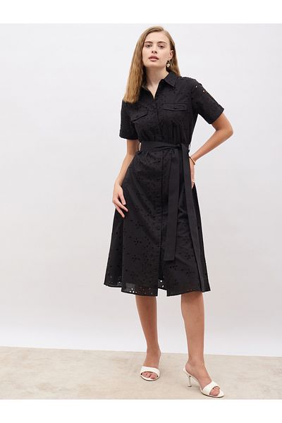 Styli Schiffli Short Sleeve Shirt Midi Dress with Belt Detail