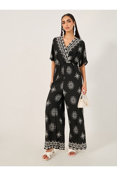 Styli Printed V Neck Short Sleeve Jumpsuit