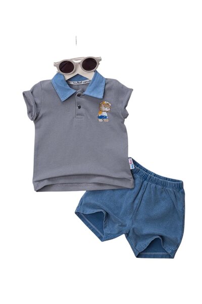 Minim Denim Collar Teddy Bear Printed Bottom Top Set