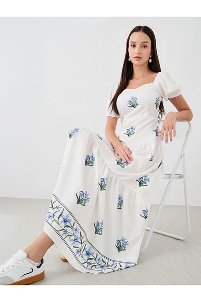 Styli Floral Print Puff Sleeve Square Neck Maxi Dress