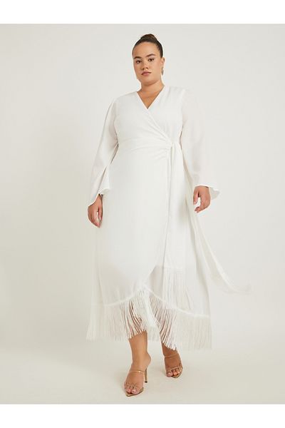 Styli Plus Size Long Sleeves Wrap Maxi Dress with Fringed Hem
