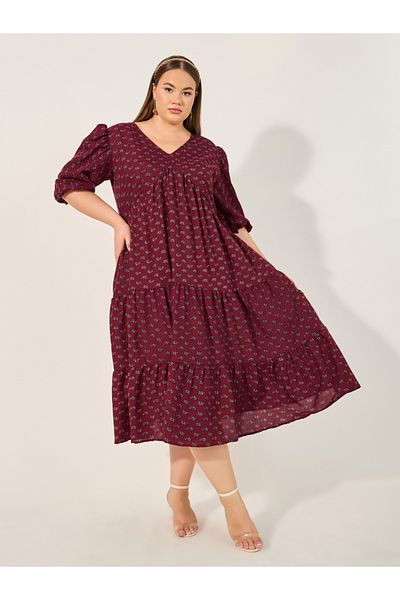 Styli Plus Size Floral Print V Neck Tiered Midi Dress