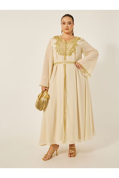 Styli Plus Size Lace Insert Kaftan with Waist Belt Detail