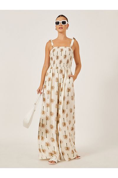 Styli Beige Palm Tree Print Wide Leg Jumpsuit