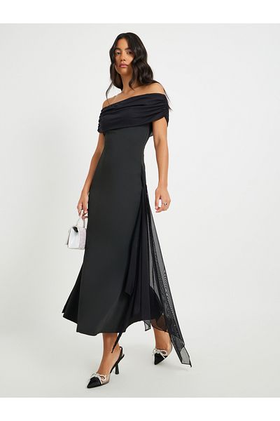 Styli Women Black Solid Off Shoulder Mermaid Maxi Dress