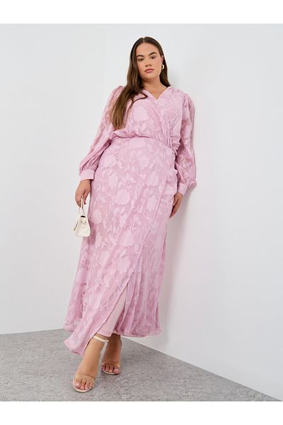 Styli Plus Size Jacquard Balloon Sleeve Maxi Dress