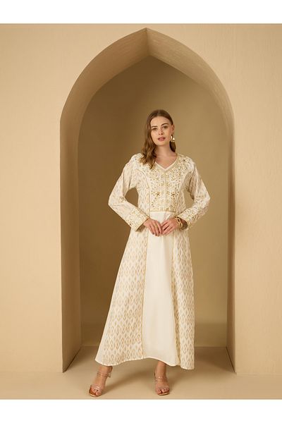Styli Foil Print V Neck Panelled Jalabiya with Embroidered Detail