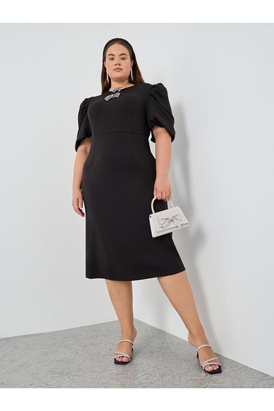 Styli Plus Size Embellished Puff Sleeves Sheath Midi Dress