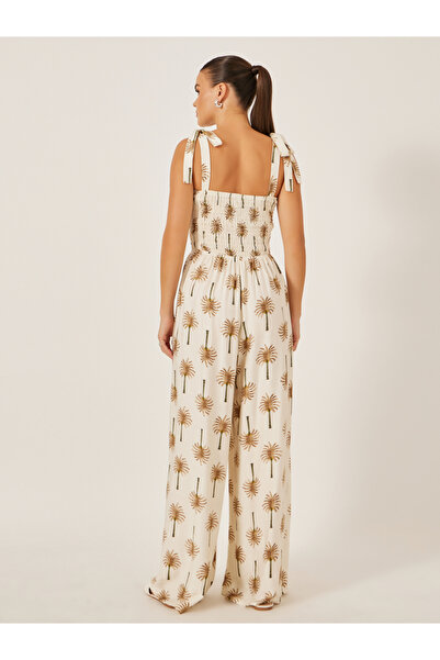 Styli Beige Palm Tree Print Wide Leg Jumpsuit