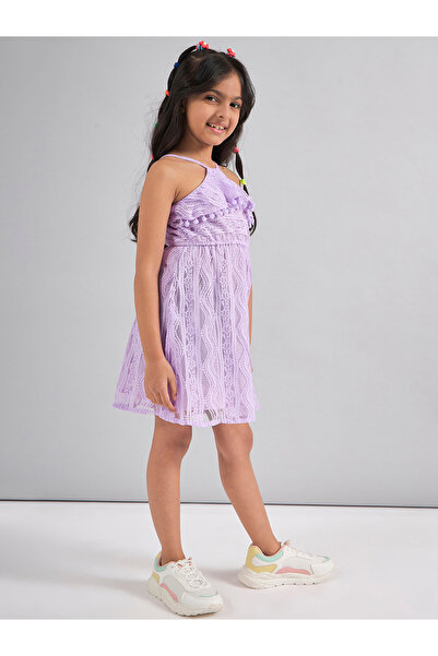 Stylo Bug By Styli Self Design Halter Neck A-Line Dress with Pompom Detail