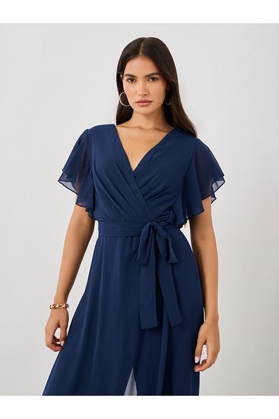 Styli Ruffled Sleeve V-Neck Wide Leg Jumpsuit