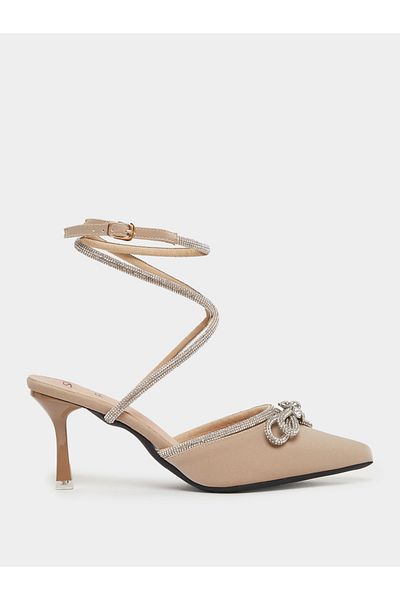 Sneak-a-Peek By Styli Beige Rhinestone Embellished Pointed Toe Ankle Strap Pumps